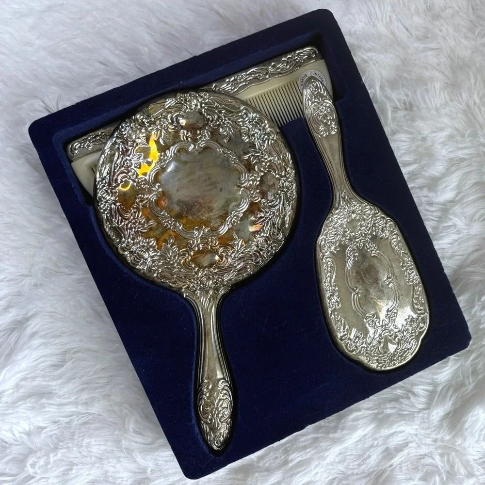 International Silver Co Vintage 3 Piece Silverplated Dresser Set Mirror Brush